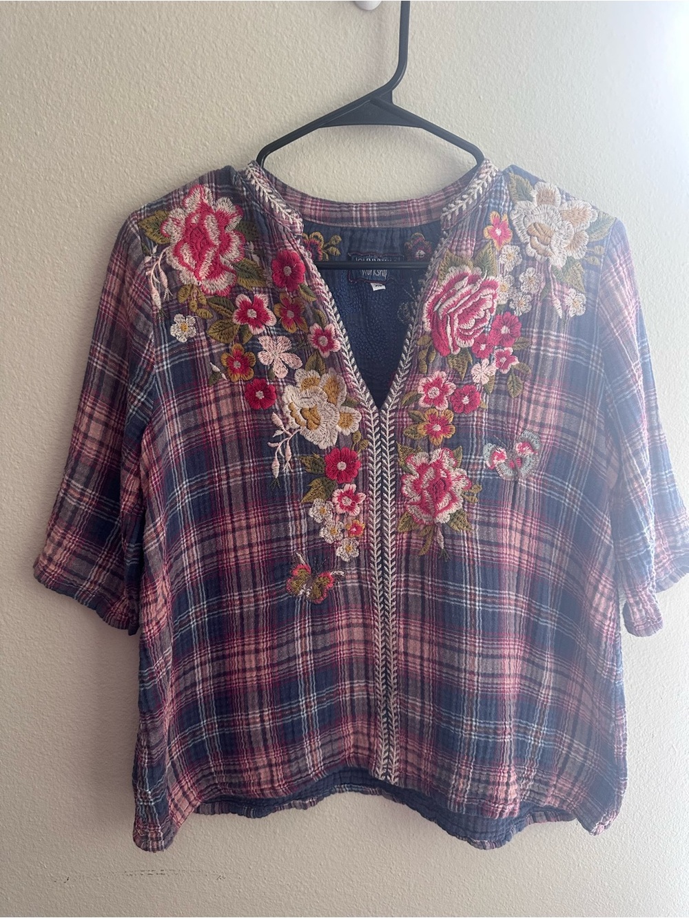 Johnny Was Workshop Plaid Floral Embroidered Top